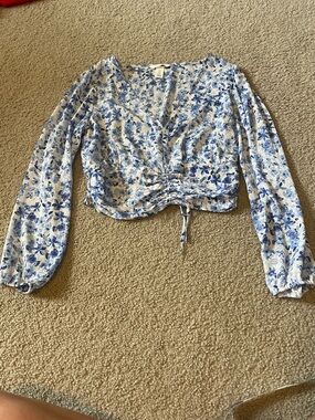 H&M Blue and White Floral Drawstring V-Neck Blouse